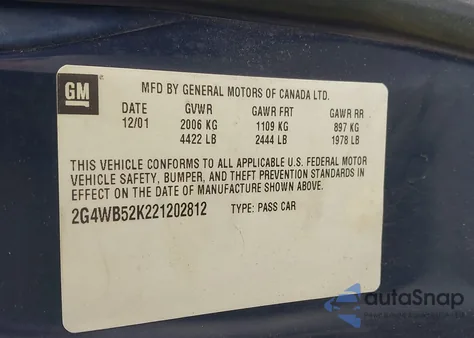 2002 Buick Regal Ls z USA, uszkodzony, nr VIN 2G4WB52K221202812